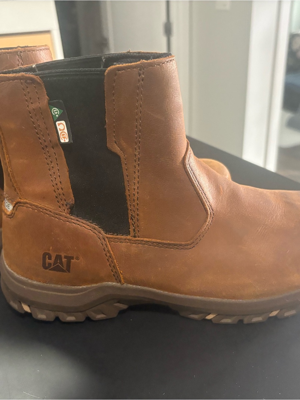 CAT Green Triangle Chelsea Work Boot in Brown Leather